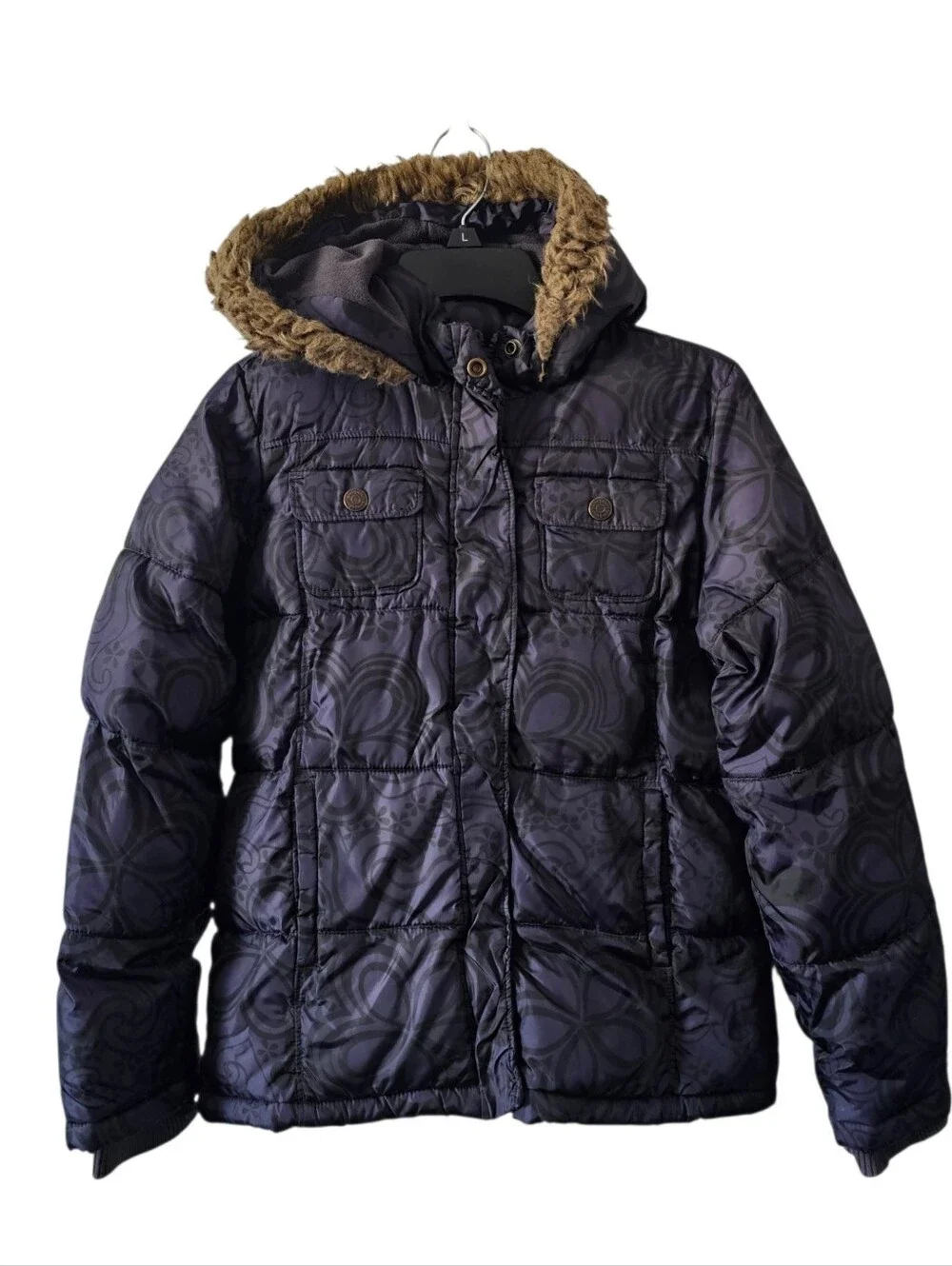 Old Navy Girls XL Puffer Jacket Coat Gray Black Floral Frost Free Fur Trim Hood